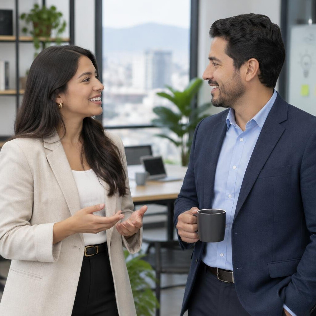 Two professionals shaking hands after a friendly conversation